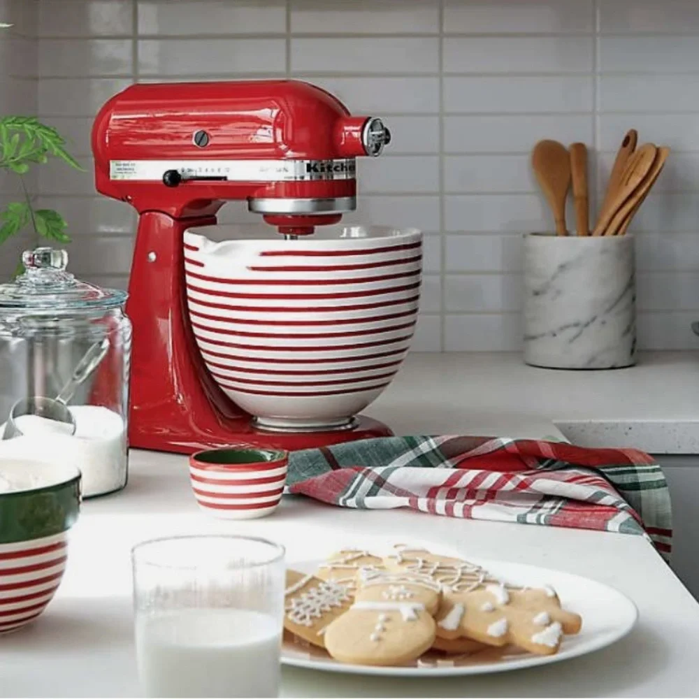 New! Crate&Barrel x KitchenAid Red&White 5-Qt Ceramic Mixing Bowl w Spout
